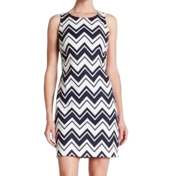 Eliza J Navy White Chevron Gold Zipper Sleeveless Sheath Dress Size 8 - Picture 1 of 13